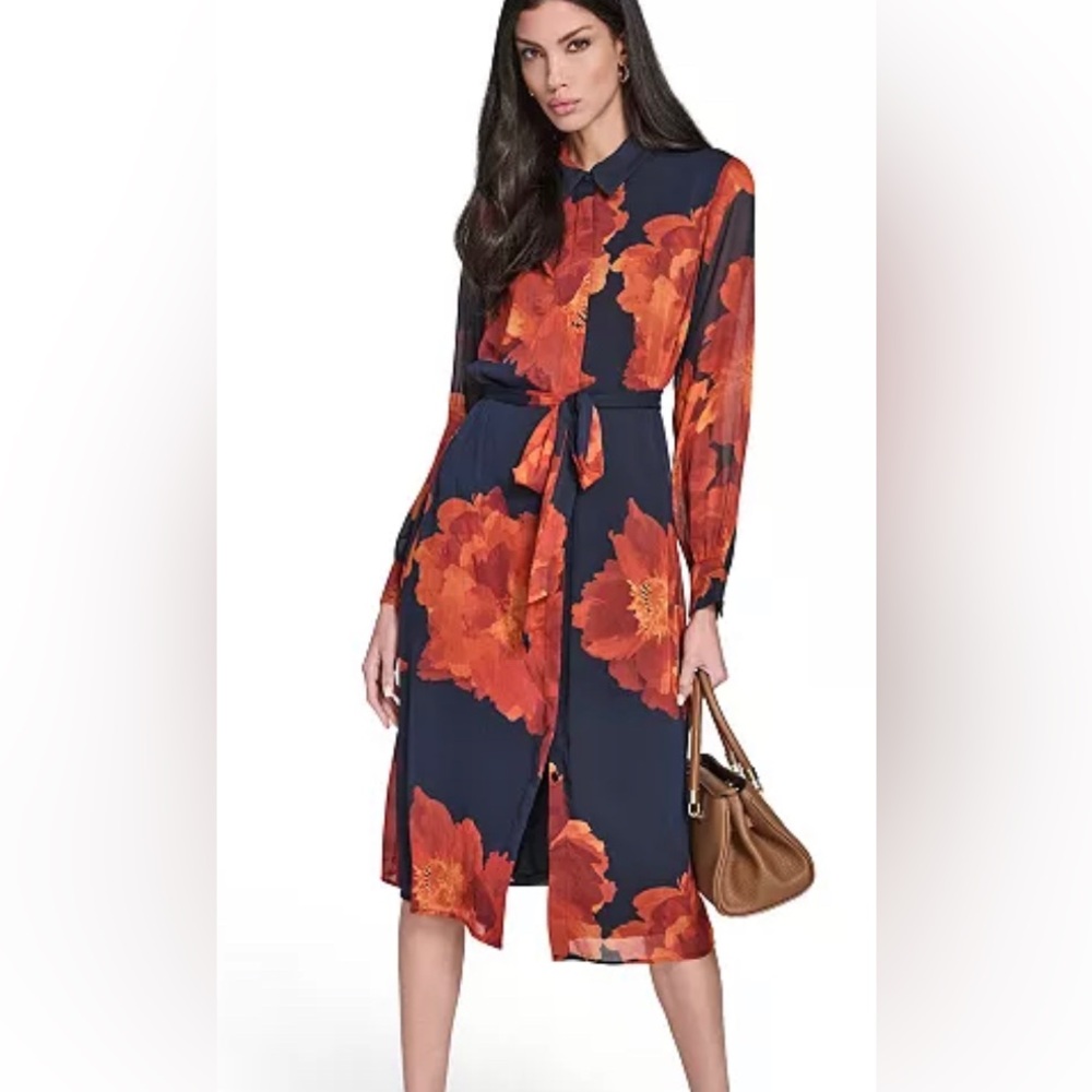 Calvin Klein Navy Illusion Long-Sleeve Chiffon Shirt Dress Orange Floral NWOT 14